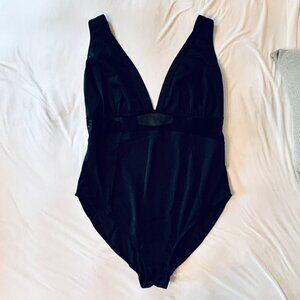 Cacique One Piece Swimsuit with Plunging Neckline & Mesh Insert in Black Size 18
